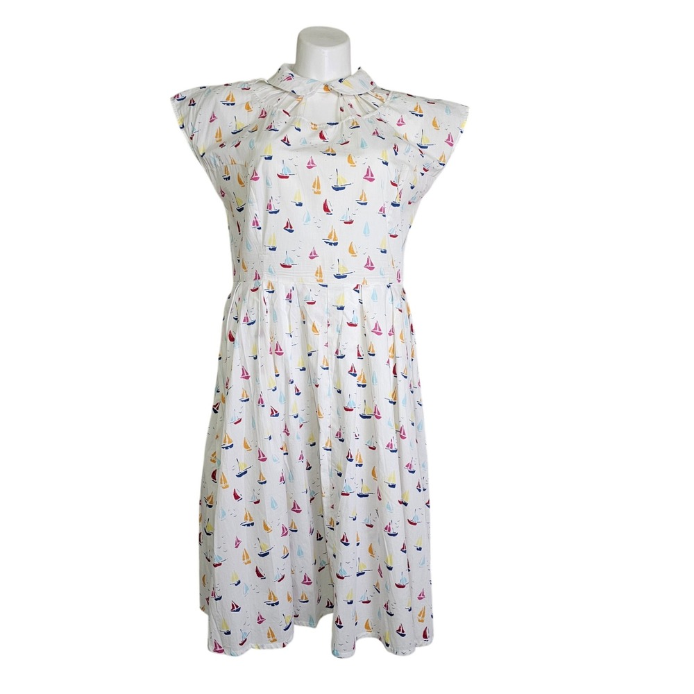 Unique Vintage Sailboat Print Fit & Flare Dress White 1X/16 Nautical Retro 50s